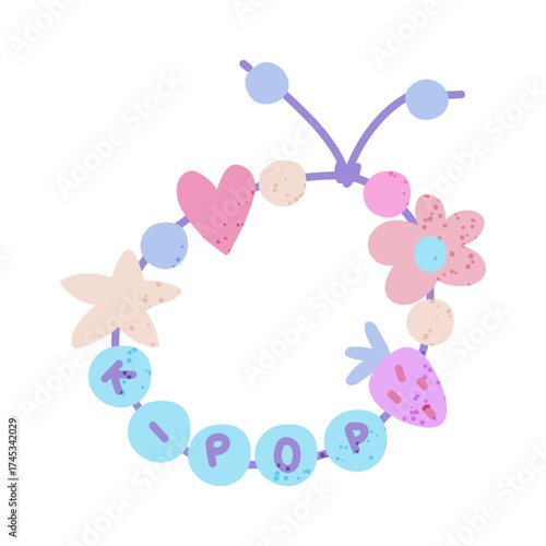 Bracelet of beads with an text, fan support for K-pop celebrities in Korea. Flat color isolated illustration with texture. Beads shaped like flowers, hearts, strawberries, stars. Love South Korea
