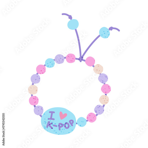 Bracelet of beads with text love K-pop, fan support for K-pop celebrities of Korea. Flat color isolated illustration with texture. Beads are round on a string. Youth fashion. Love for South Korea