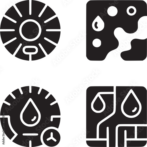 Four black and white icons depicting sun, moisture, humidity level, and water distribution system