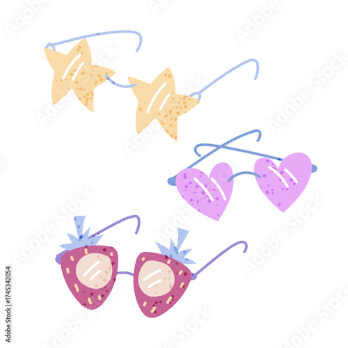 set of glasses for performances and fan support for Korean K-pop celebrities. Flat color isolated illustration with texture. Heart, star, strawberry shapes. Support. Youth fashion. Love South Korea