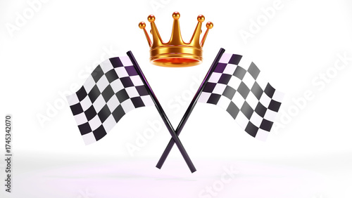 3D rendering of checker crossed flag pair, waving checker flags to crown a champion or the winner of a race on a white background