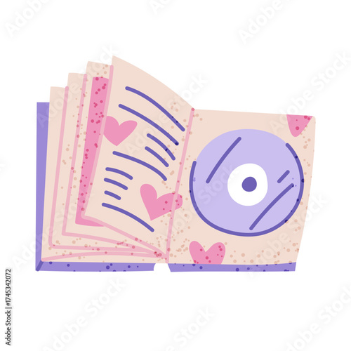 Album with a disk from a music band, fan support for Korean K-pop celebrities. Flat color isolated illustration with texture. Book with disk for listening. Support. Youth fashion. Love for South Korea