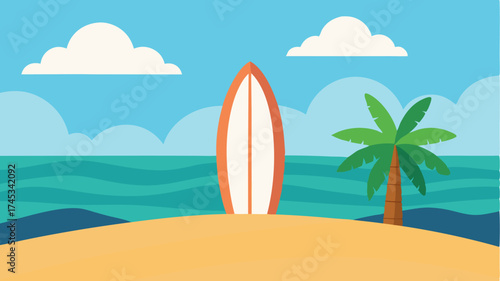 A beach scene with a surfboard propped in the sand illustrating ocean adventures and relaxation.