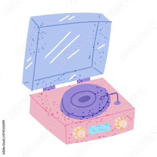 Retro-style music player, fan support Korean K-pop celebrities. Flat color isolated illustration with texture. Item for listening to CDs and vinyl records. Support. Youth fashion. Love for South Korea
