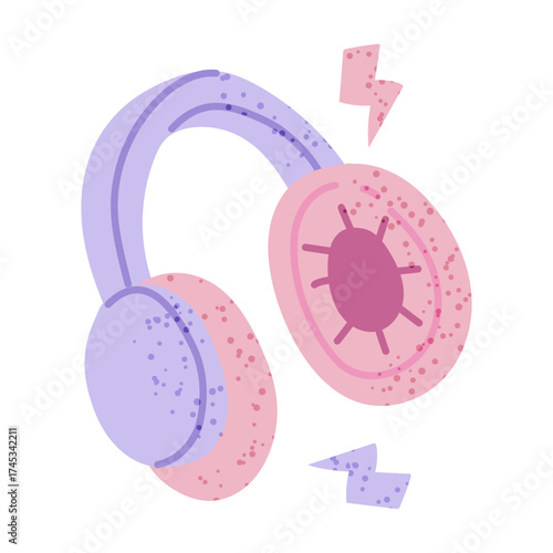 Noise-canceling headphones, fan support for Korean K-pop celebrities. Flat color isolated illustration with texture. Music equipment for listening to songs, recording. fashion. Love for South Korea