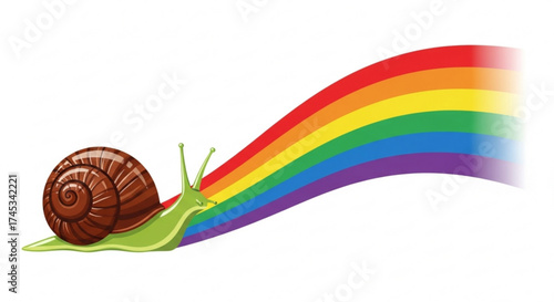 A whimsical illustration of a green snail with a brown shell leaving a rainbow trail on a white background
