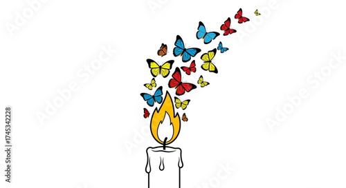 A candle flame transforming into a swarm of colorful butterflies flying upwards on a white background design