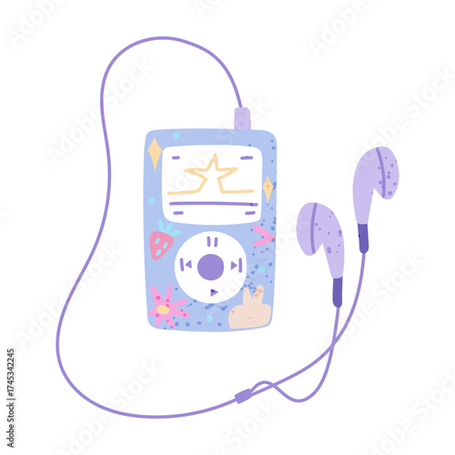 player with wired headphones, fan support for Korean K-pop celebrities. A flat, colored, isolated illustration with texture. The player is decorated with stickers. Youth fashion. Love for South Korea