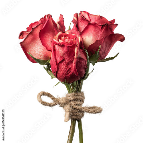 Three red roses tied with twine, isolated on transparent background