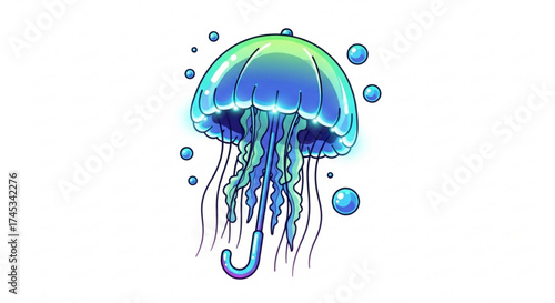 Illustration of a blue and green jellyfish with long tentacles and bubbles around it on a white background