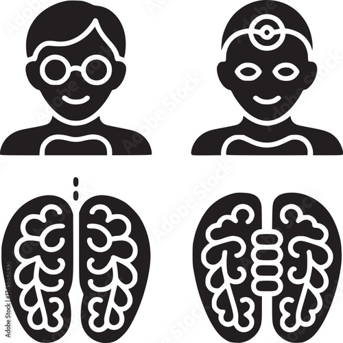 Illustration showing two people with brains one with glasses and one with a head mirror in black and white