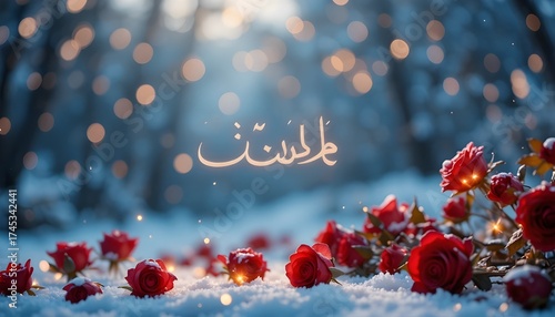 Red roses and fairy lights with Urdu calligraphy of ‘محبت’ glowing softly in snow background
