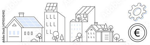 Residential and commercial buildings with solar panels and greenery. Gear and euro coin objects suggest innovation and economic aspects. Ideal for sustainability, energy, urban planning, green