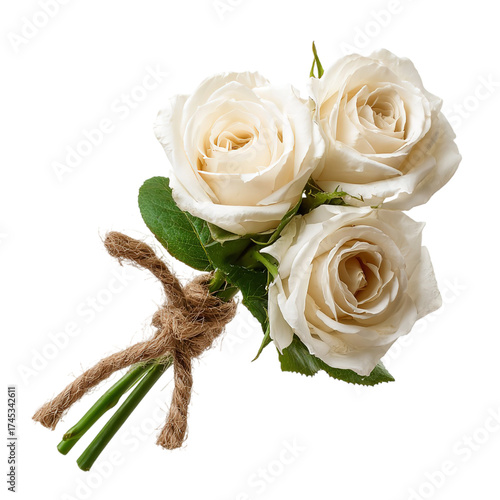 A small, rustic bouquet of three delicate white roses tied with twine, isolated on a transparent background, perfect for wedding or romantic themes