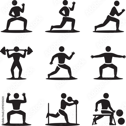 Nine black silhouette stick figures performing various exercises on a white background surface area