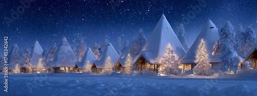 Snow-covered village under a starry sky during winter night with glowing holiday trees