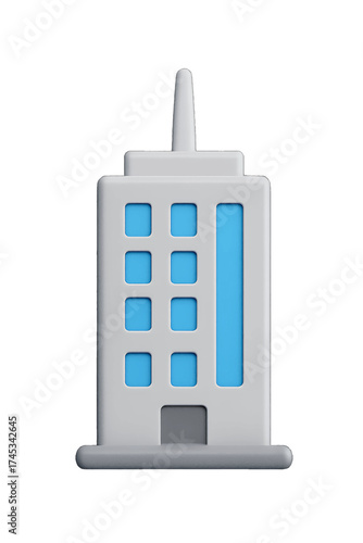 Stylized multi-story building with central doorway and spire isolated on transparent background highlighting architecture concept