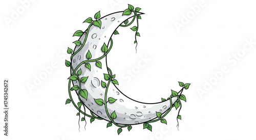Illustration of a crescent moon with a textured surface and green vines wrapped around it on a white background