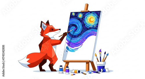 Fox artist painting a starry night on a canvas with paintbrushes and paint tubes in a bright studio