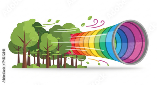 Illustration showing a forest with trees and a rainbow tunnel blowing wind and leaves around it nicely