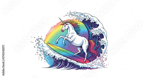 A unicorn surfing on a rainbow surfboard amidst a crashing wave with a rainbow in the background