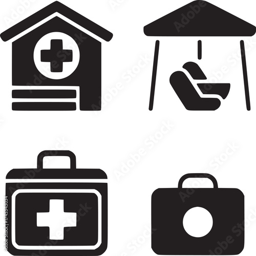A set of four black and white icons depicting a hospital, a swing, and two different first aid kits