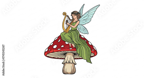Illustration of a fairy with wings playing a harp while sitting on a red and white spotted mushroom top