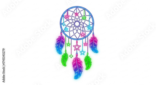 A dreamcatcher with a blue hoop and feathers hanging down with stars and diamonds on a white background