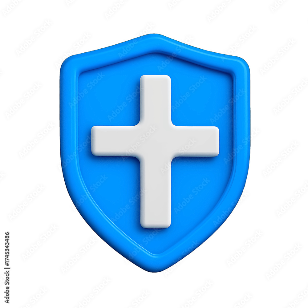 Fototapeta premium Blue security shield with raised white cross isolated on transparent background highlighting safety and medical concept
