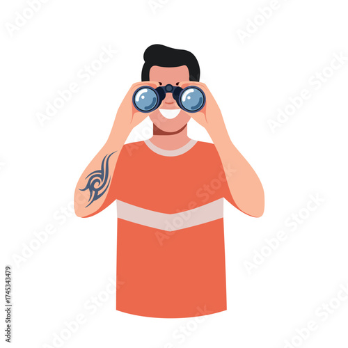Young man looks forward through binoculars. Vector illustration in a flat style.