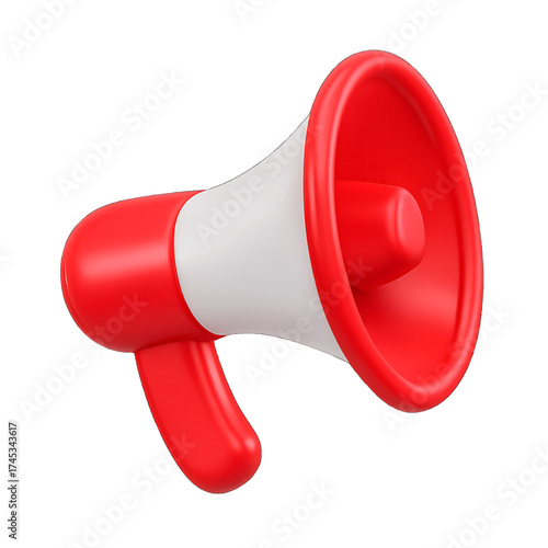 Red and white loudspeaker with rounded design isolated on transparent background highlighting public speaking and alert concept