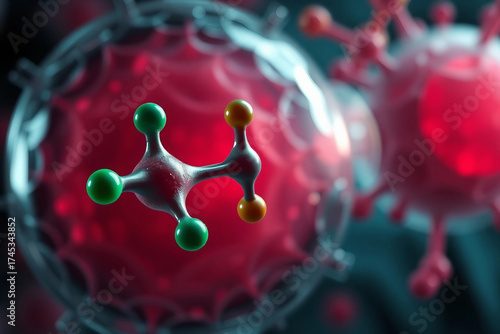 PFAS molecule interacting with a human cell. Visualization