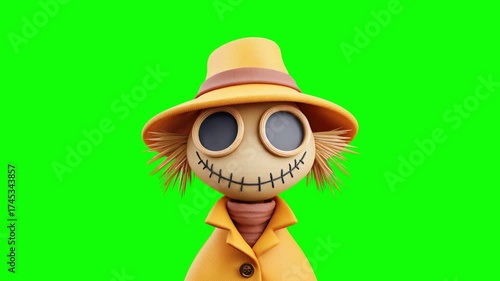 Happy halloween A cheerful scarecrow with a bright yellow hat and coat stands  green screen background, Perfect for seasonal seamless looping video motion 4k, agricultural