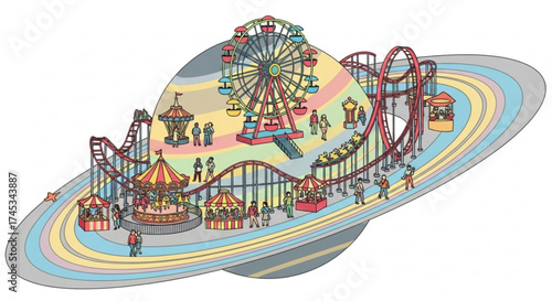 A whimsical amusement park featuring a ferris wheel, roller coasters, and carousels on a colorful planet ring