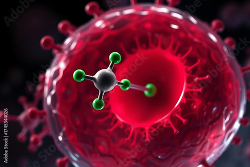 PFAS molecule interacts with a human cell. Visualization of the cell interaction process