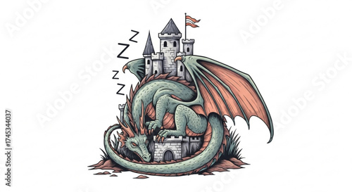 Sleeping dragon curled around a castle with zzz above it and a flag on top of the highest tower