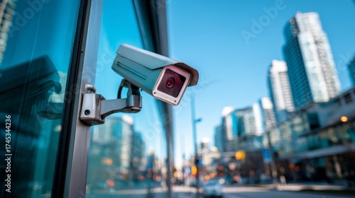 Closeup wide angle shot of sleek modern surveillance camera mounted on glass building with city in background