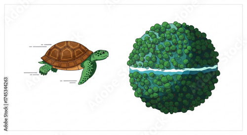 Cartoon depiction of a turtle swimming to the left next to a round landmass covered with trees and water
