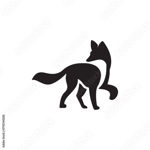 Fox Silhouette Icon – Minimalist Black Vector of Standing Fox with Curved Tail and Pointed Ears for Branding, Nature Design, and Elegant Graphic Templates
