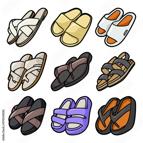 collection of colorful summer slippers and sandals