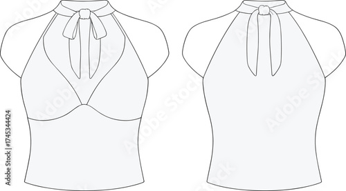 Halter top technical flat sketch, front and back view, tie neck bow, deep V neckline, bust cups, sleeveless garment, cad drawing flat vector illustration