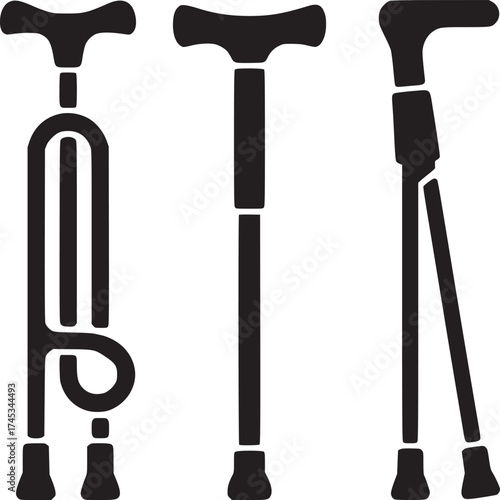 Three black walking canes in different styles against a plain white background in a simple design