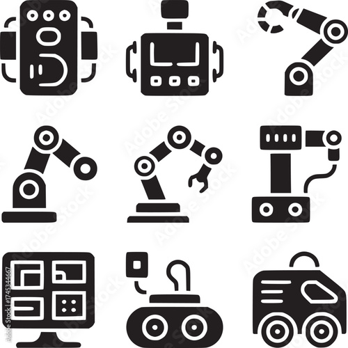 Illustration of various robotic and automated systems in a minimalist black and white style
