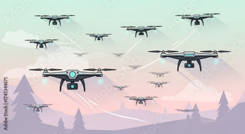 Illustration showing multiple drones flying in formation over a landscape with stylized trees and mountains