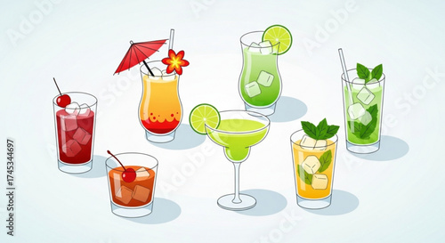 Illustration of seven colorful cocktails with ice, fruits, and decorative elements on a light background