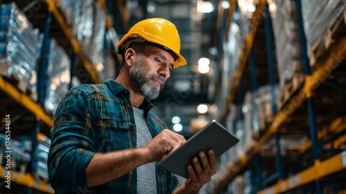 Warehouse Worker with Tablet: A focused warehouse worker, donning a yellow hard hat, meticulously reviews inventory data on a digital tablet amidst rows of stocked shelves.