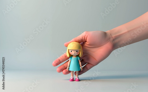 Supporting a child with an adult's hand in a playful style as a symbol of parental care, minimalism.