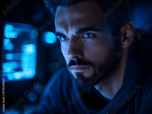 Intense focus of a young man with a beard in a dark room, illuminated by blue computer screens, working on coding