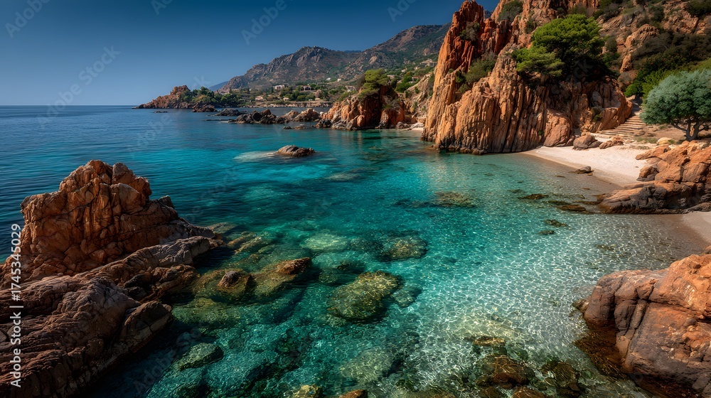 Fototapeta premium Stunning, travel-style photo of a secluded Mediterranean cove with clear turquoise water, reddish-brown rock formations and a pristine beach.