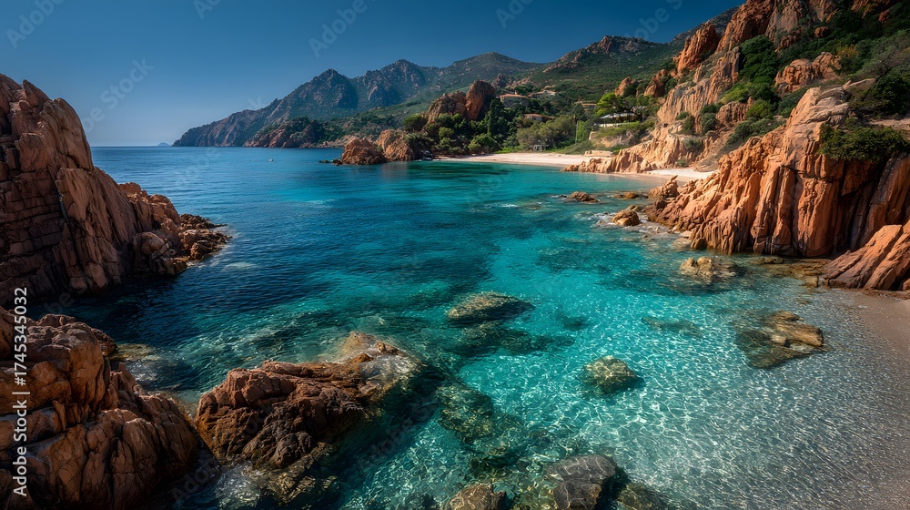 Obraz premium Stunning, travel-style photo of a secluded Mediterranean cove with clear turquoise water, reddish-brown rock formations and a pristine beach.